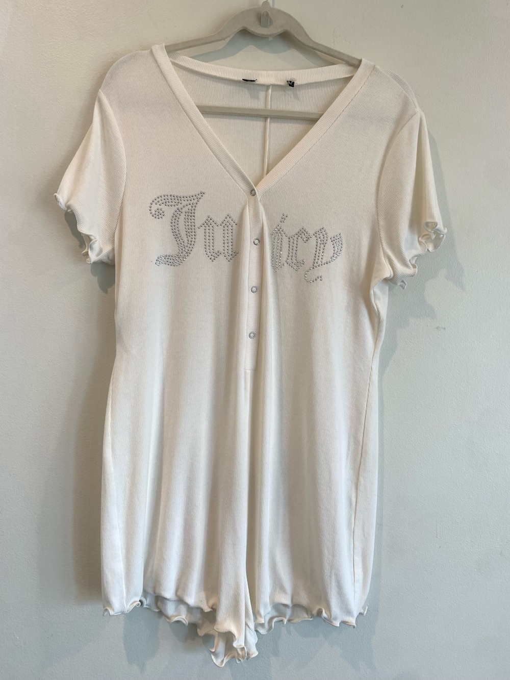 Juicy Couture x Forever 21 Y2K ribbed romper, cream, rhinestone logo, size XL